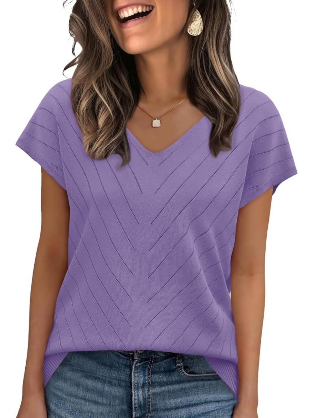Women's Lavender Trendy Summer Tops Sweater Pullover V-Neck Pull On Short Sleeve